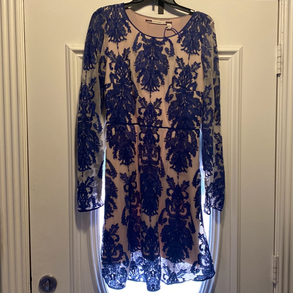 Grandmillenial blue and beige embroidered dress